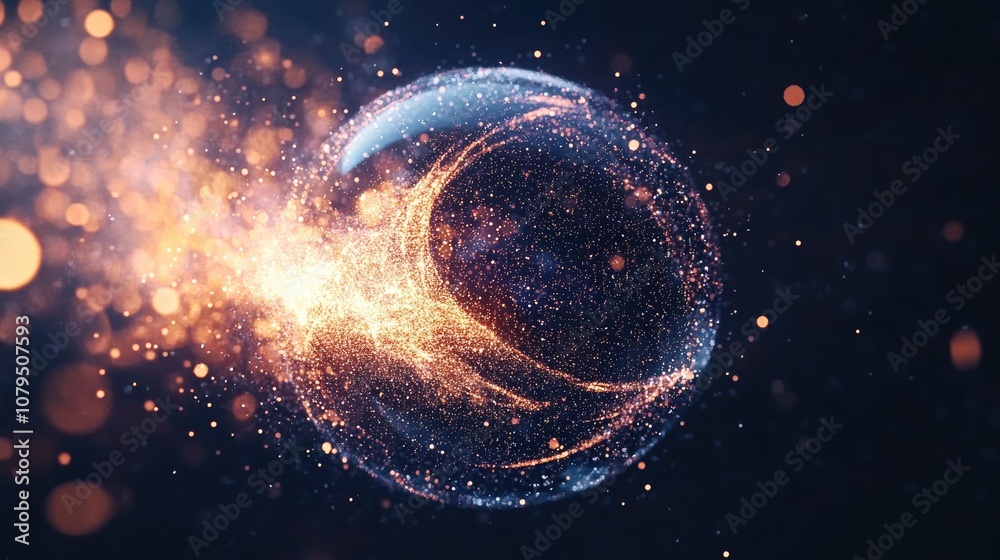 Poster Cosmic sphere of moving particles in a 3D cartoon rendering Animation features a sphere of luminous particles that transforms into a spiral and fades away showcasing the transformation against a b