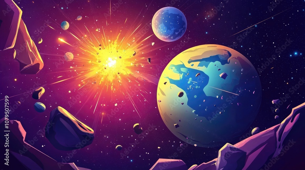 Aufkleber 3D cartoon illustration of Earth and stars set in space An abstract background featuring planets from a distant solar system showcasing an exploding star with gloss and lines