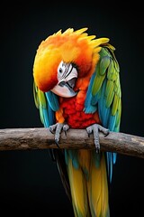 Obraz premium A vibrant parrot perched on a branch, showcasing its colorful feathers against a dark background.