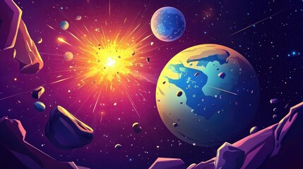Naklejka premium 3D cartoon illustration of Earth and stars set in space An abstract background featuring planets from a distant solar system showcasing an exploding star with gloss and lines
