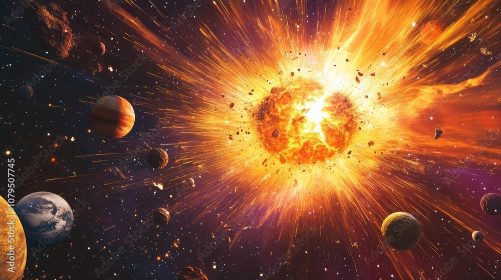 Poster 3D cartoon illustration of Earth and stars set in space An abstract background featuring planets from a distant solar system showcasing an exploding star with gloss and lines