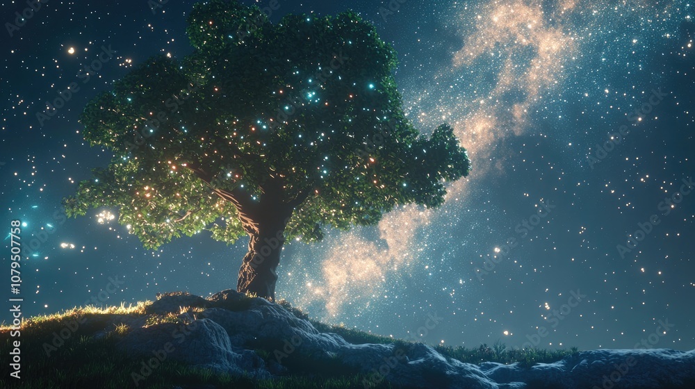 Poster 3d cartoon depiction of the milky way rising above a tree with long exposure noise often appearing a