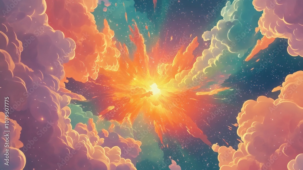 Aufkleber background of a 3d cartoon rendering featuring a nebula space and a starry sky with vibrant hues of 