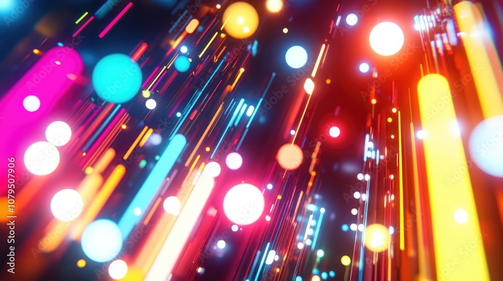 Aufkleber Bright varied random lights in a 3D cartoon rendering featuring modern neon technology and floodlights created through computer generated illustration