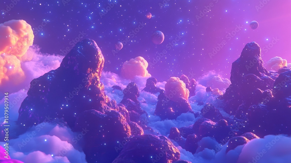 Poster 3D cartoon rendering featuring a backdrop of vibrant nebulae ideal for projects related to the cosmos fantasy imagination art and design