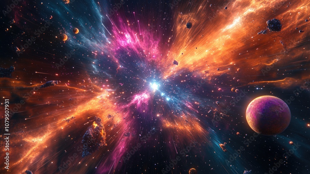 Poster Spectacular multicolored illustration featuring particles and rays accompanied by abstract forms and planets depicting a science theme with an explosion of stars in space created through 3D cartoo