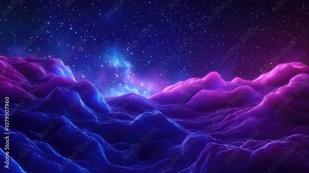 Poster Futuristic abstract space background featuring a night sky with stars and nebula in a 3D cartoon rendering