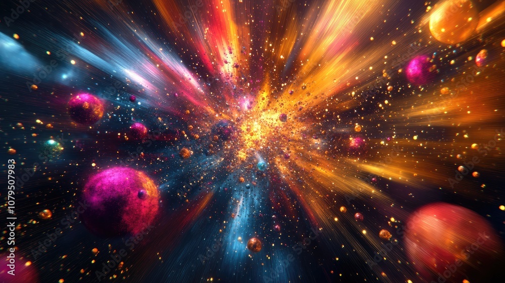 Aufkleber Spectacular multicolored illustration featuring particles and rays in a 3D cartoon rendering Abstract forms and planets create a background design centered around science depicting an explosion of