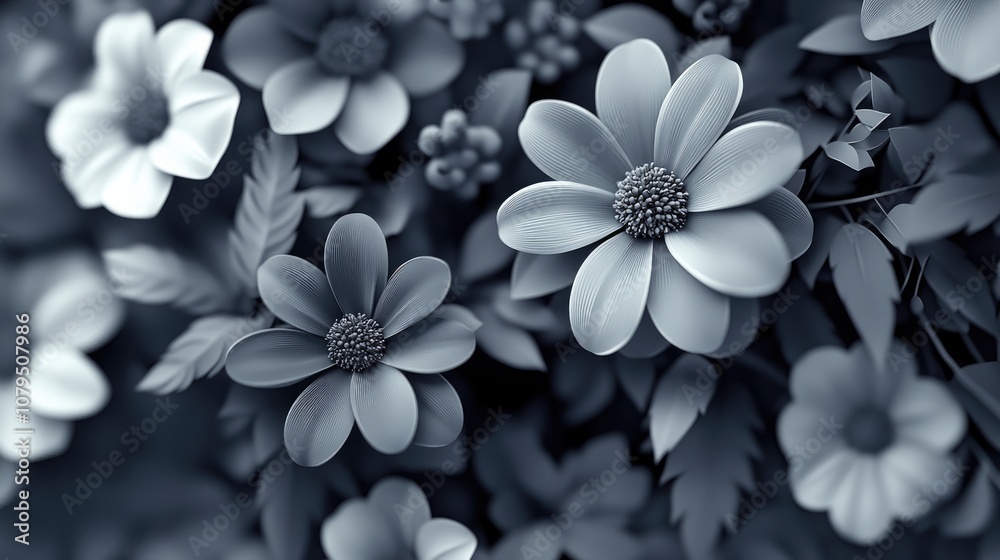 Poster close up monochromatic floral design featuring a cosmos background in 3d cartoon rendering