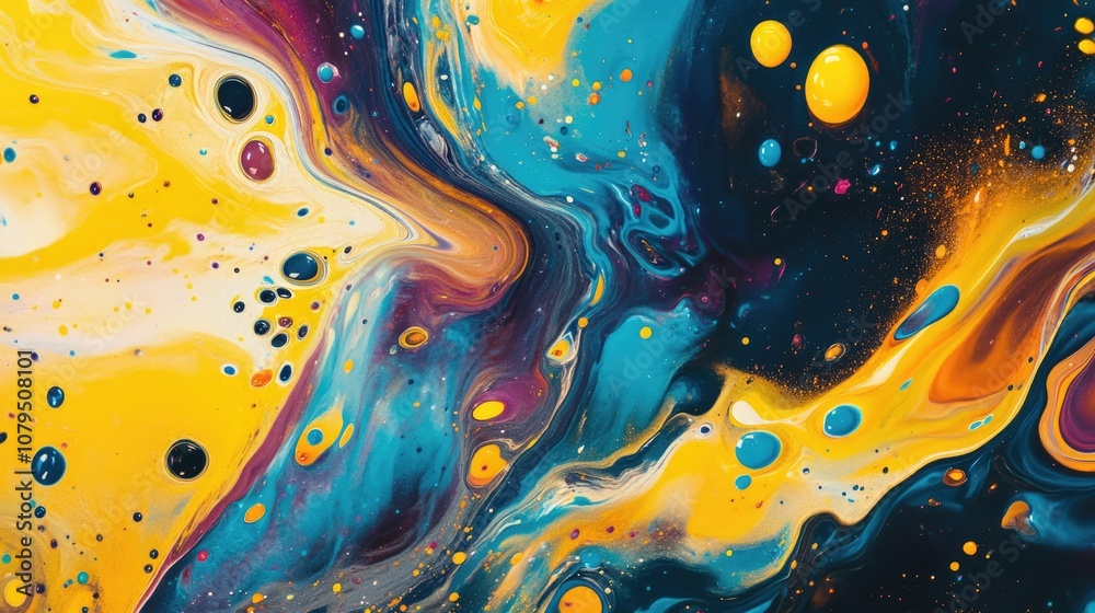 Poster Fluid Art in 3D cartoon rendering Abstract colorful background featuring mixing paints Modern art