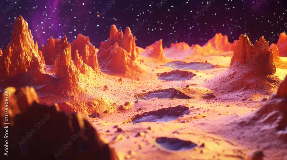 Poster 3D cartoon representation showcasing the surface of a red planet featuring faults and craters in the topography along with a desert viewed in infrared light and a space themed textured backdrop
