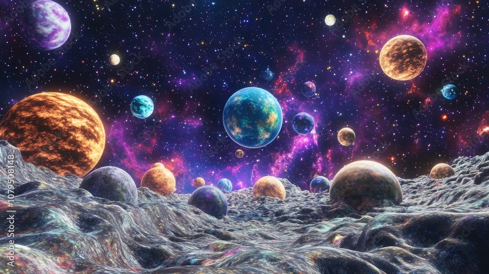 Poster universe cosmos background in 3d cartoon rendering