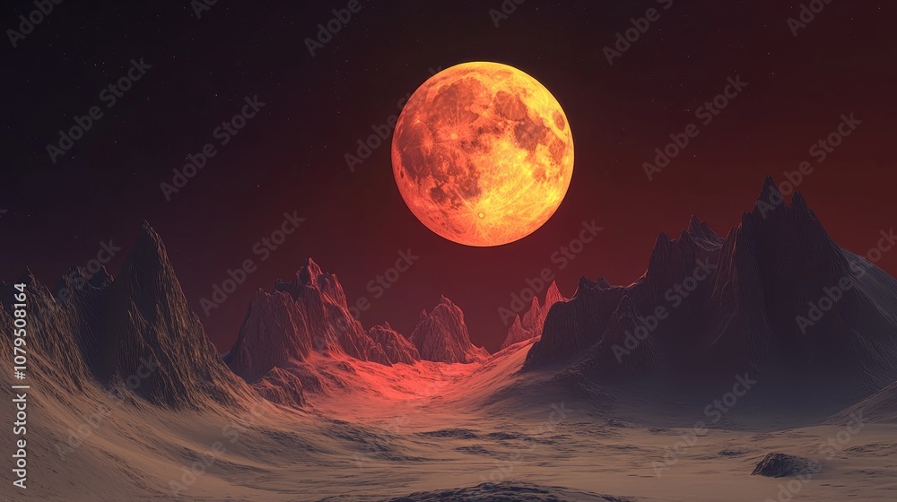 Poster full lunar eclipse depicted in a 3d cartoon rendering featuring a red blood moon