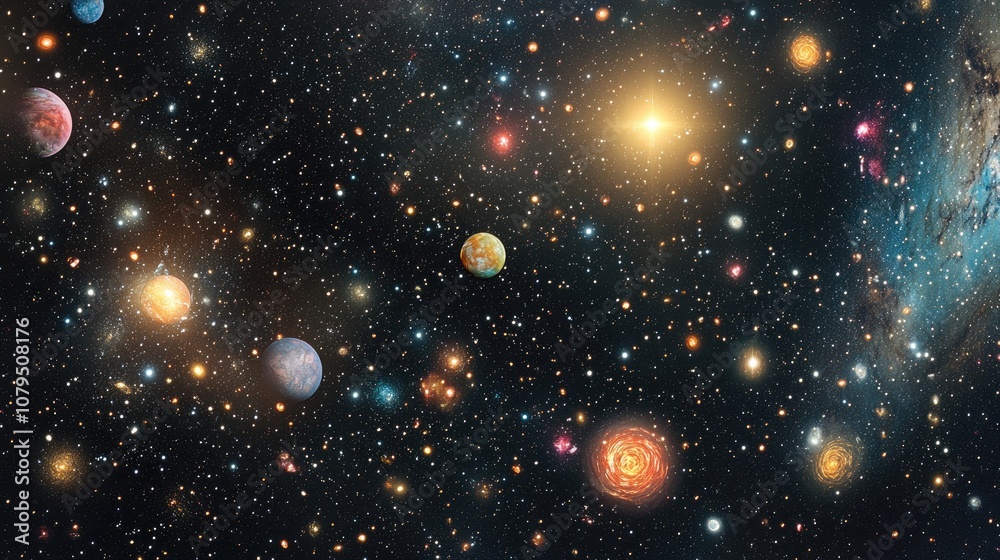 Poster 3d cartoon representation of stars in a galaxy within open space