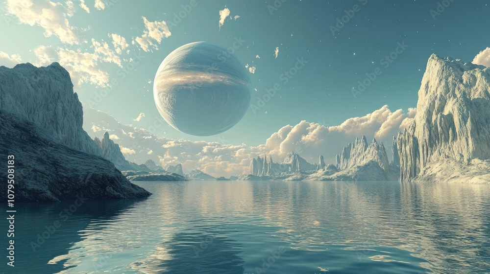 Poster exosolar planet rising over tranquil waters in 3d cartoon rendering