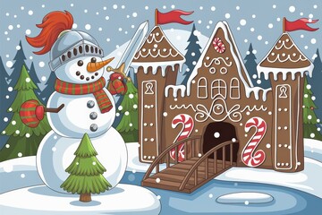 Whimsical Cartoon Snowman Knight Colorful Gingerbread Castle - Festive Winter Wonderland Illustration Holiday Decorations Children's Products