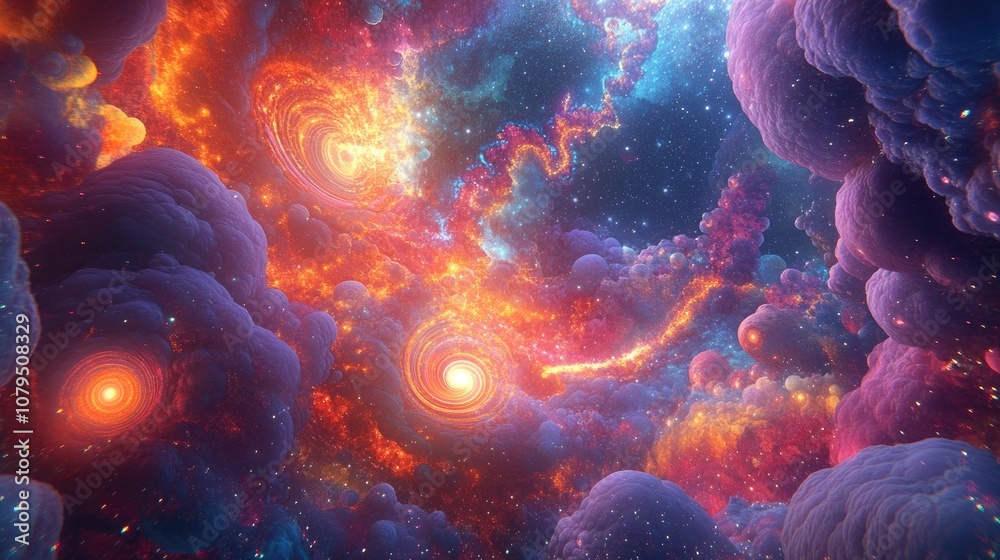 Aufkleber bright fractal paint bursts and lights in a 3d cartoon rendering representing creativity imagination