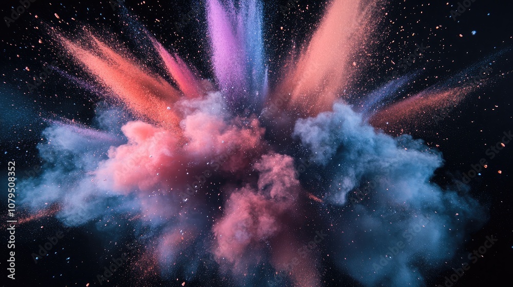 Poster powder explosion isolated on a black background featuring a 3d cartoon rendering of abstract dust ov