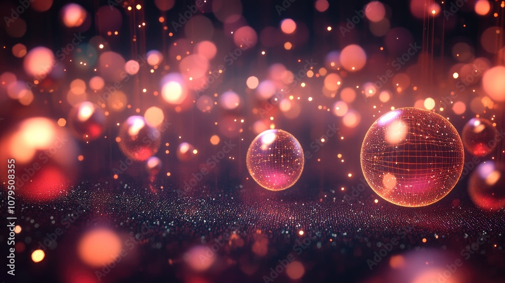 Fototapete Particles and surface grid illustrated in a 3D cartoon rendering featuring a backdrop effect of shallow depth of field and numerous glowing particles with bokeh computer generated