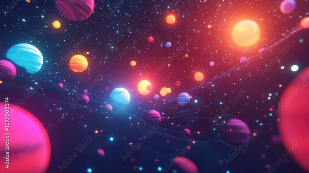 Aufkleber 2d illustration featuring a vibrant 3d cartoon rendering of bright stars planets and moons set in a 