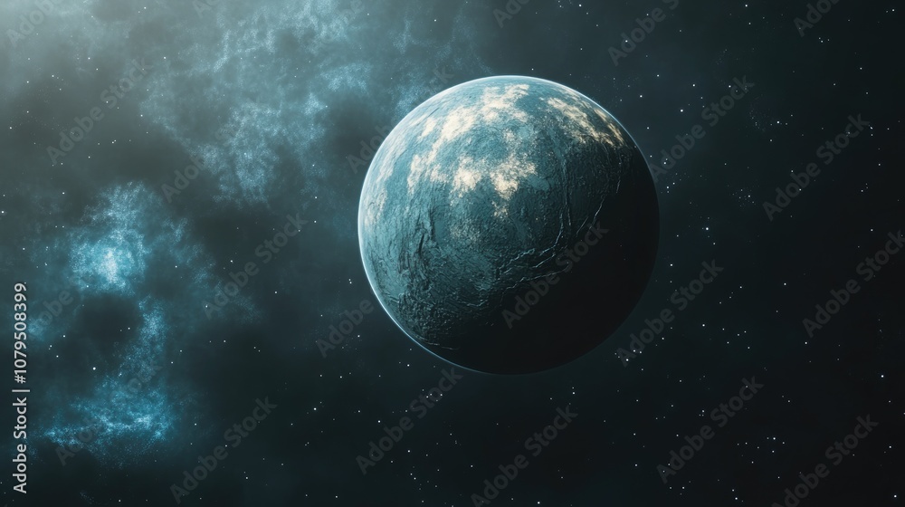 Aufkleber exoplanet with atmosphere and blue nebula in 3d cartoon rendering