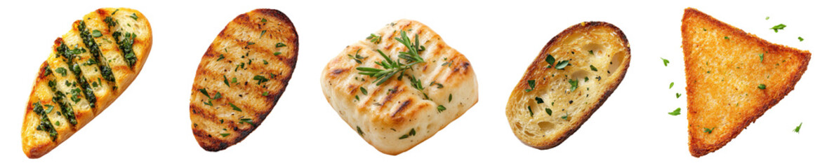 Toasted garlic bread croutons with herbs set collection on transparent cutout background, PNG file. Mockup clipart template