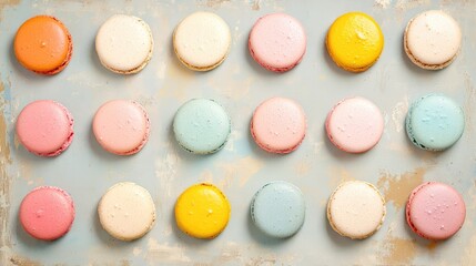 Fototapeta premium Colorful Assortment of Macarons Arranged on a Rustic Surface Showcasing a Delightful Variety of Flavors and Textures in Pastel and Bright Shades