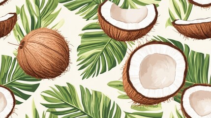 Seamless pattern featuring coconuts and palm leaves including a halved coconut Ideal for summer and paradise themed backgrounds wallpaper prints wrapping paper modern textile design banners and po