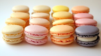 Obraz premium Colorful Arrangement of Macarons on a White Background Showcasing a Variety of Flavors and Textures for Culinary Arts and Dessert Themes
