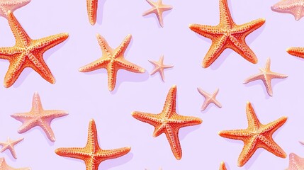 Seamless pattern featuring scattered orange red starfishes on a light purple background
