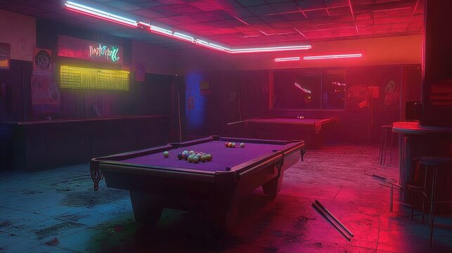 Vibrant Neon Pool Hall at Night