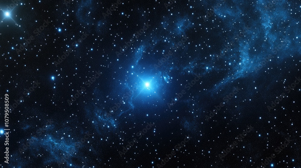 Poster bright stars in a deep space represented in 3d cartoon rendering blue cold nebula against a dark nig