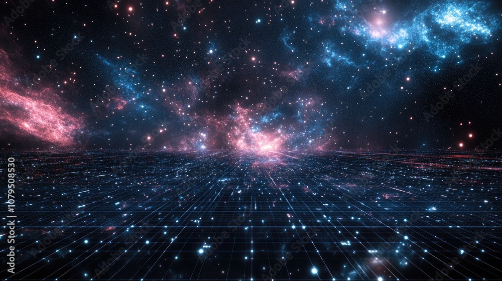 Leinwandbilder 3d illustration featuring a dark abstract landscape with a cyberspace grid and a starry outer space 
