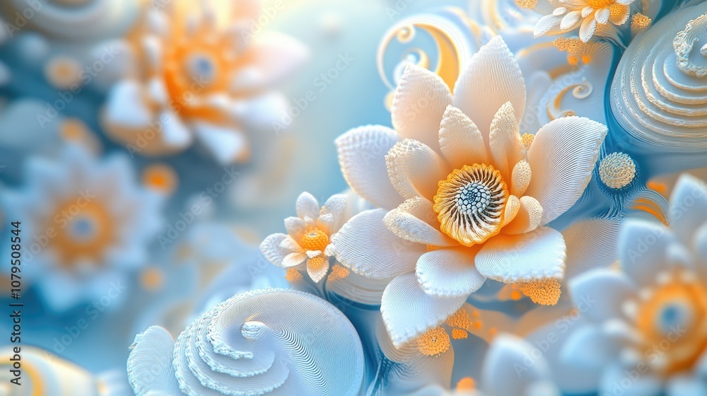 Poster Abstract fractal patterns and shapes in a 3D cartoon rendering featuring flowers and spirals