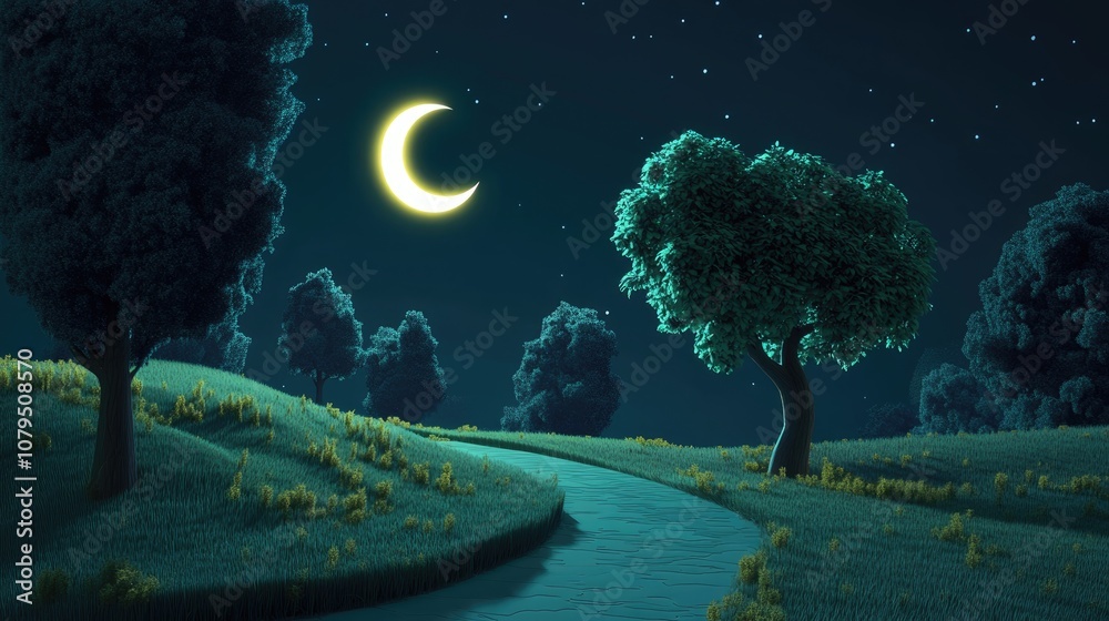Aufkleber cartoon rendering in 3d of a moonlit night scene