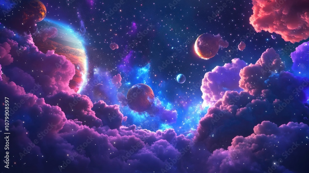 Aufkleber Vibrant deep space banner background featuring various stars planets and cloud formations illustrating that space is not only dark and deep but also abundant with heavenly light and color depicted
