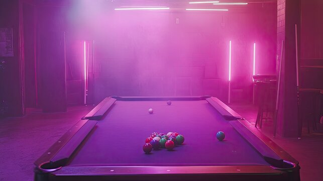Pool Table in Colorful Neon Atmosphere