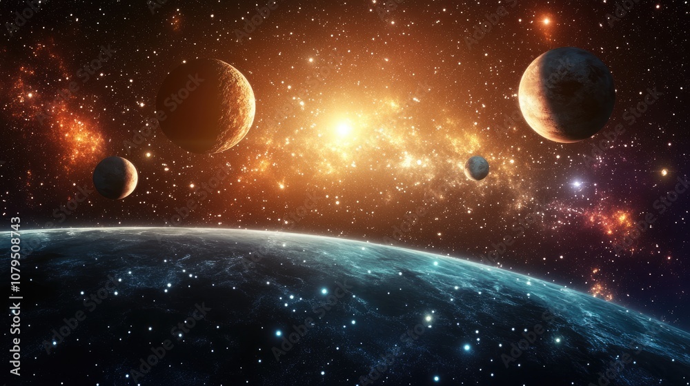 Aufkleber 2D illustration in 3D cartoon rendering featuring a realistic star pattern in deep interstellar space Stars planets and moons create various science fiction inspired backdrops Imaginary cosmic art