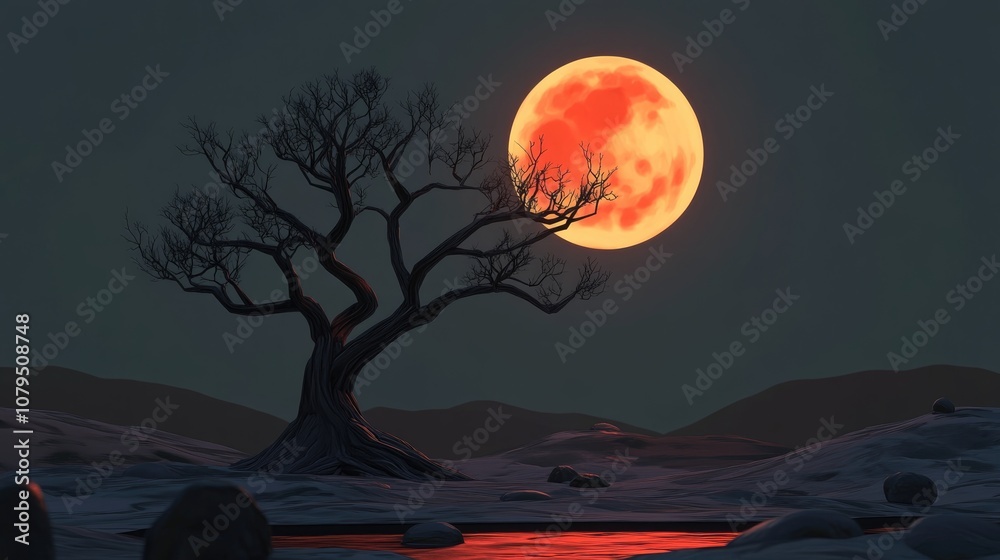 Poster lonely tree with a bloody moon in a 3d cartoon rendering