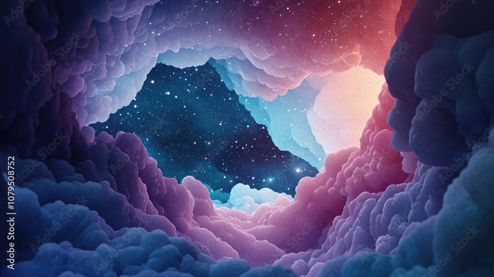Poster Cartoon rendering in 3D of a starry galaxy sky with a watercolor background on paper