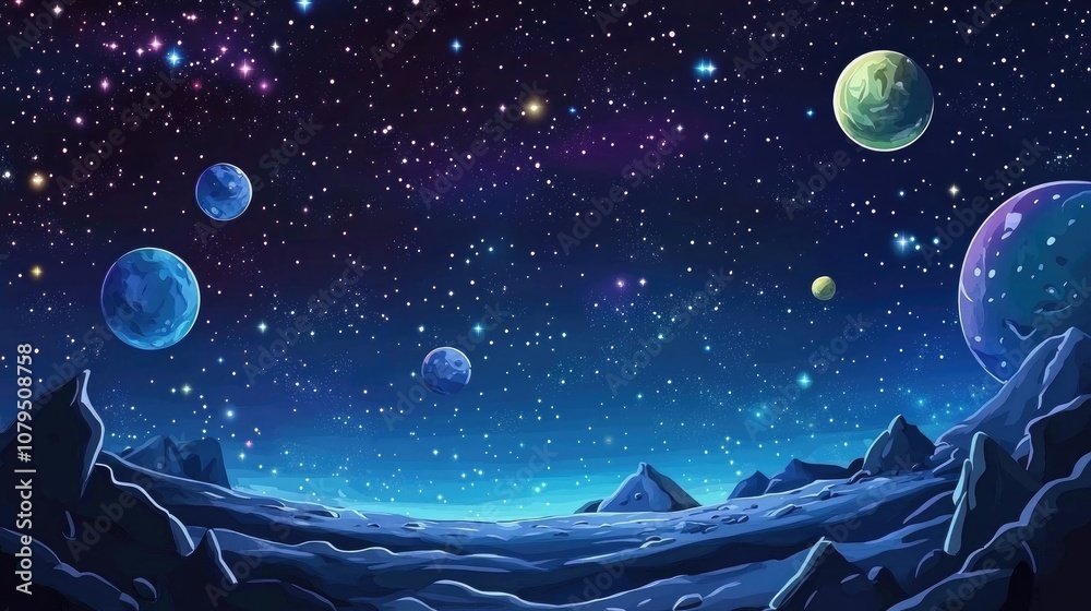 Poster 2D illustration featuring a cartoon space background with a deep vast expanse filled with stars planets and moons Various imaginative science fiction backdrops and space art depicting alien solar