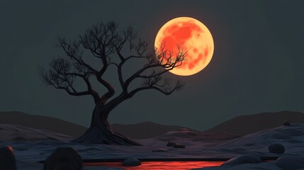 Lonely Tree with a Bloody Moon in a 3D cartoon rendering