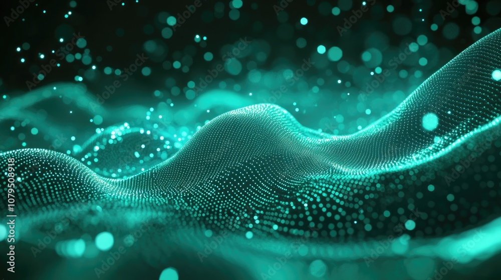 Poster Abstract sci fi background featuring glow particles that form curved lines surfaces and hologram structures in a virtual digital space Green motion design backdrop representing microworld or cosmi