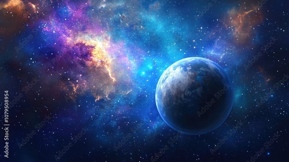 Poster cartoon depiction in 3d of a planet in deep space