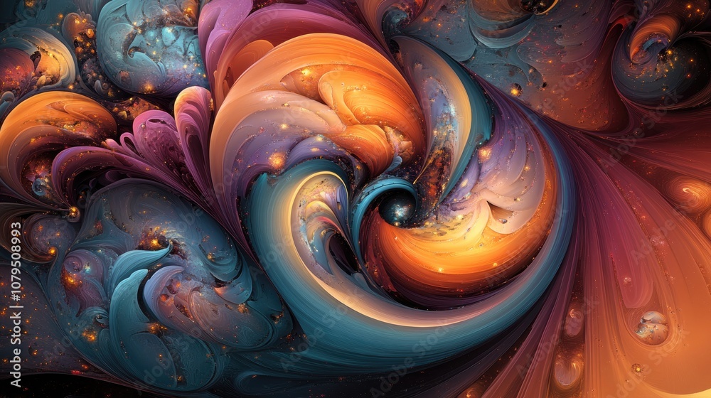 Poster abstract fractal illustration resembling galaxies in a 3d cartoon rendering