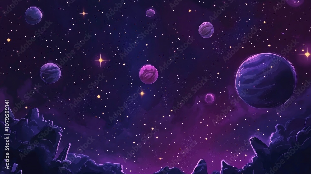 Leinwandbilder 2d illustration featuring a 3d cartoon rendering expansive deep space with bright stars planets and 