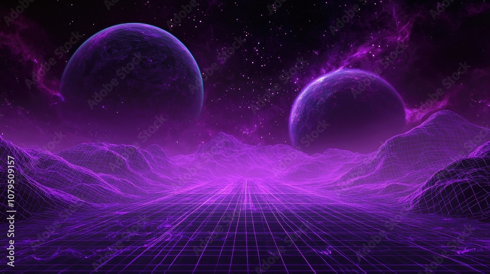 Poster Abstract ultraviolet landscape in a 3D cartoon rendering featuring a dark background with a purple cyberspace grid and a high tech network showcasing violet starry outer space textures