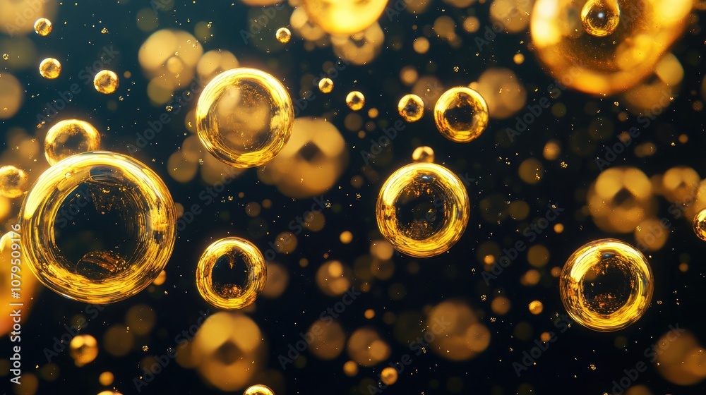Poster Many yellow bubbles on a dark background in a 3D cartoon rendering