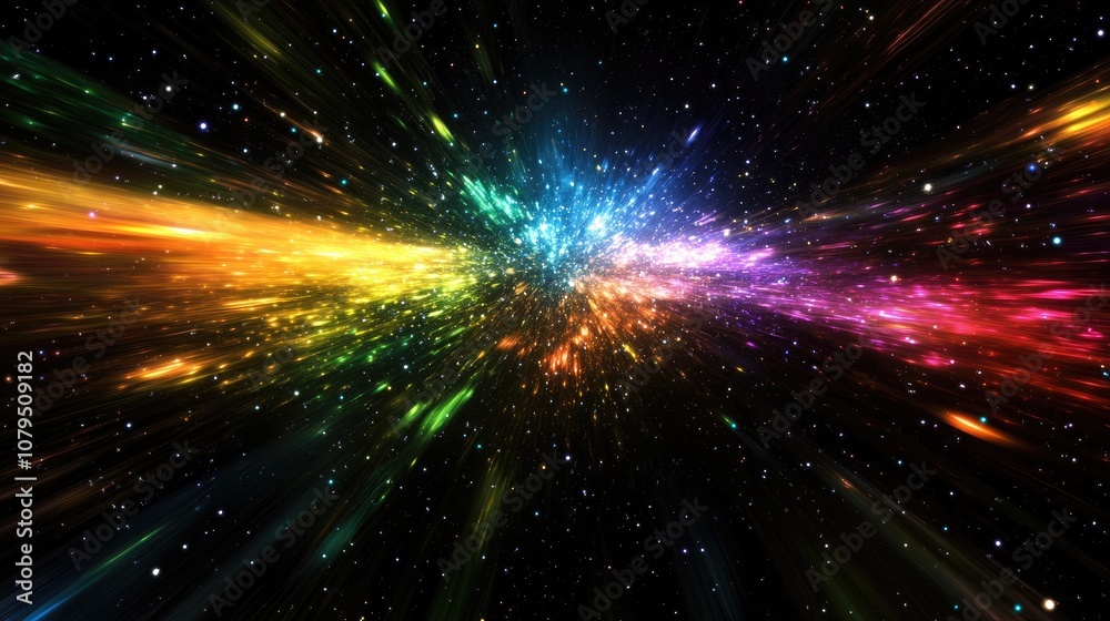 Poster Abstract blurred space comet with multi colored light lines on a black background in a 3D cartoon rendering