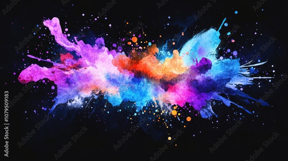Poster cosmic neon light blue watercolor background in a 3d cartoon rendering textured black canvas for con